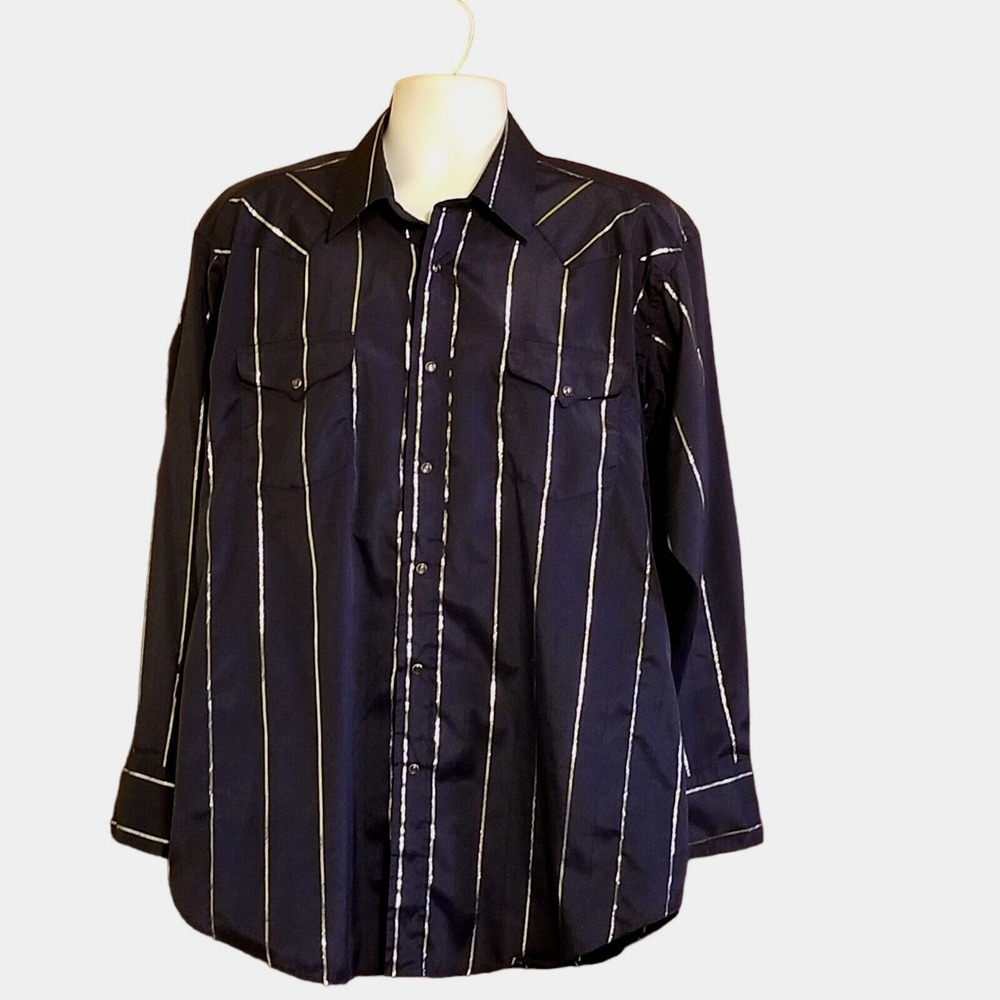 VINTAGE Panhandle Slim Shirt Mens 17 Blue Metallic Stripe Pearl Snap Western